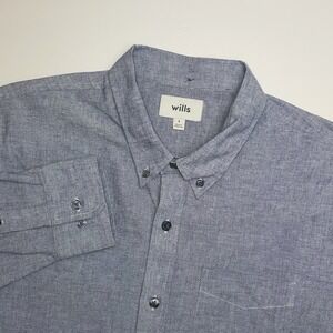 Wills Button Down Shirt Mens Large Linen Blend Long Sleeve Blue Pocket Casual